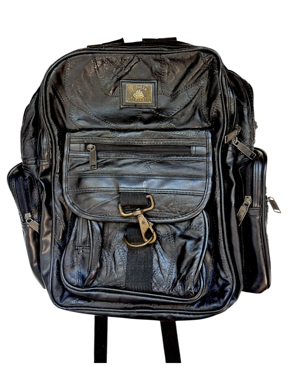 Pioneer Express Black Leather Backpack Zip Up Travel Moto Biker Grunge Hiking